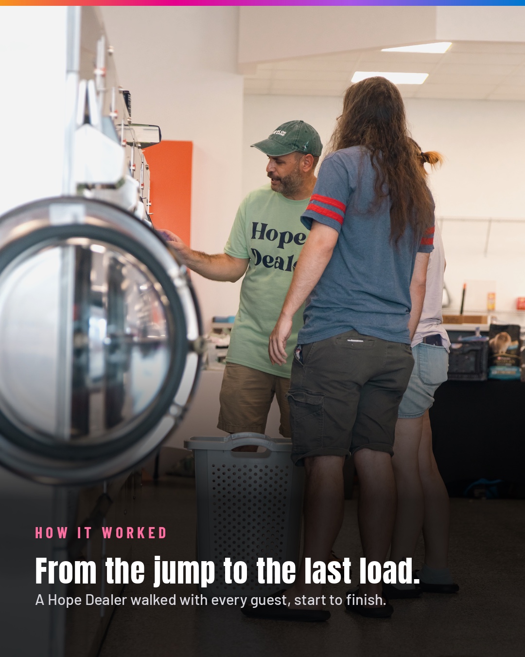 A Hope Dealer assisting a guest with a washing machine from the first step through the final load.
