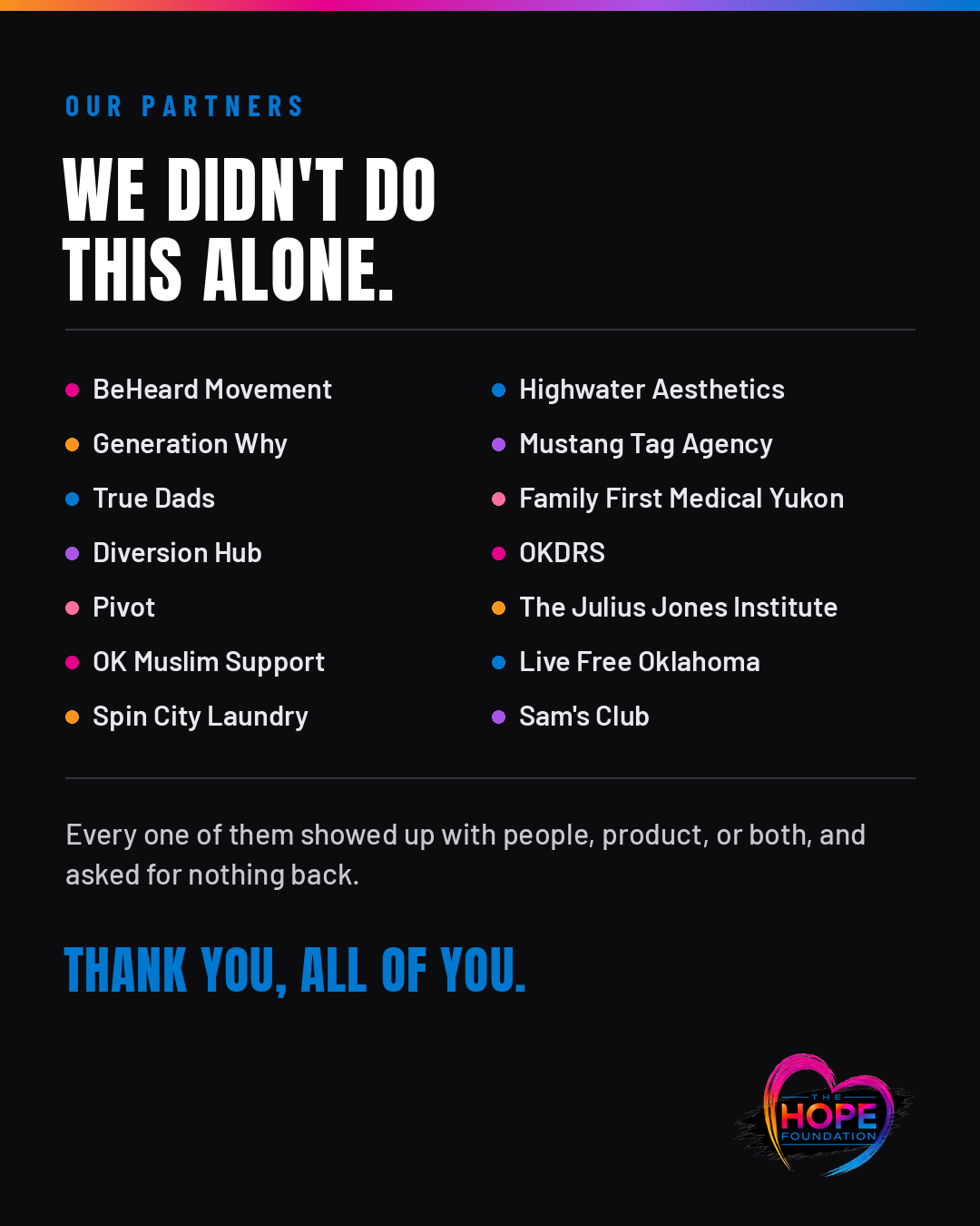 Community partners: BeHeard Movement, Generation Why, True Dads, Diversion Hub, Pivot, OK Muslim Support, Spin City Laundry, Highwater Aesthetics, Mustang Tag Agency, Family First Medical Yukon, OKDRS, the Julius Jones Institute, LiveFree Oklahoma, and Sam’s Club.